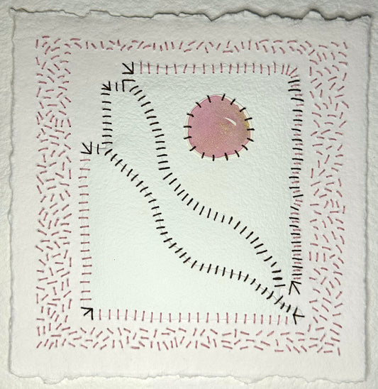 Original art titled 'Stitch & So #62 Moon Time', by Suzanne Gibbs, featuring watercolor and Sashiko thread on paper, with seed-like patterns and a pink circular element in the center.