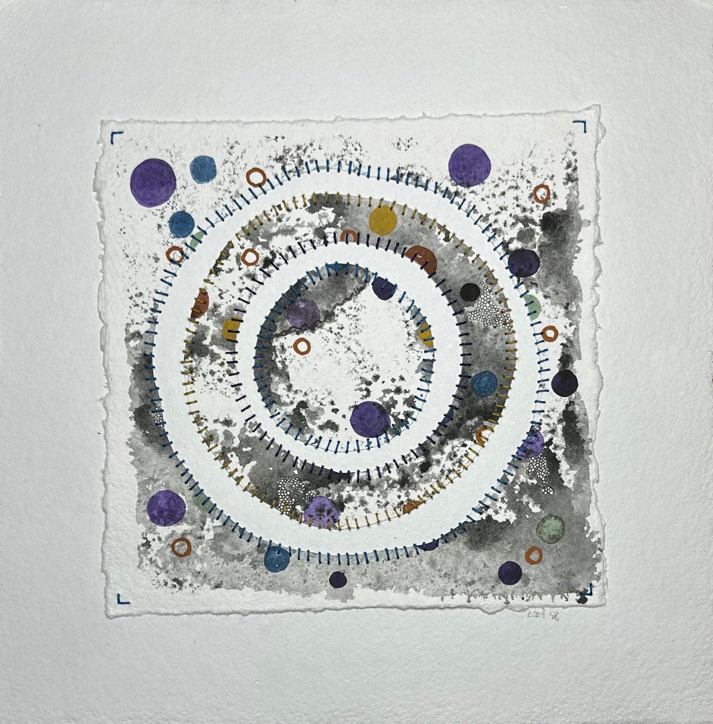Artwork by Suzanne Gibbs from her Stitch & So series, created with watercolor paint and thread on handmade paper, featuring concentric rings, dots and dashes made with stitches.