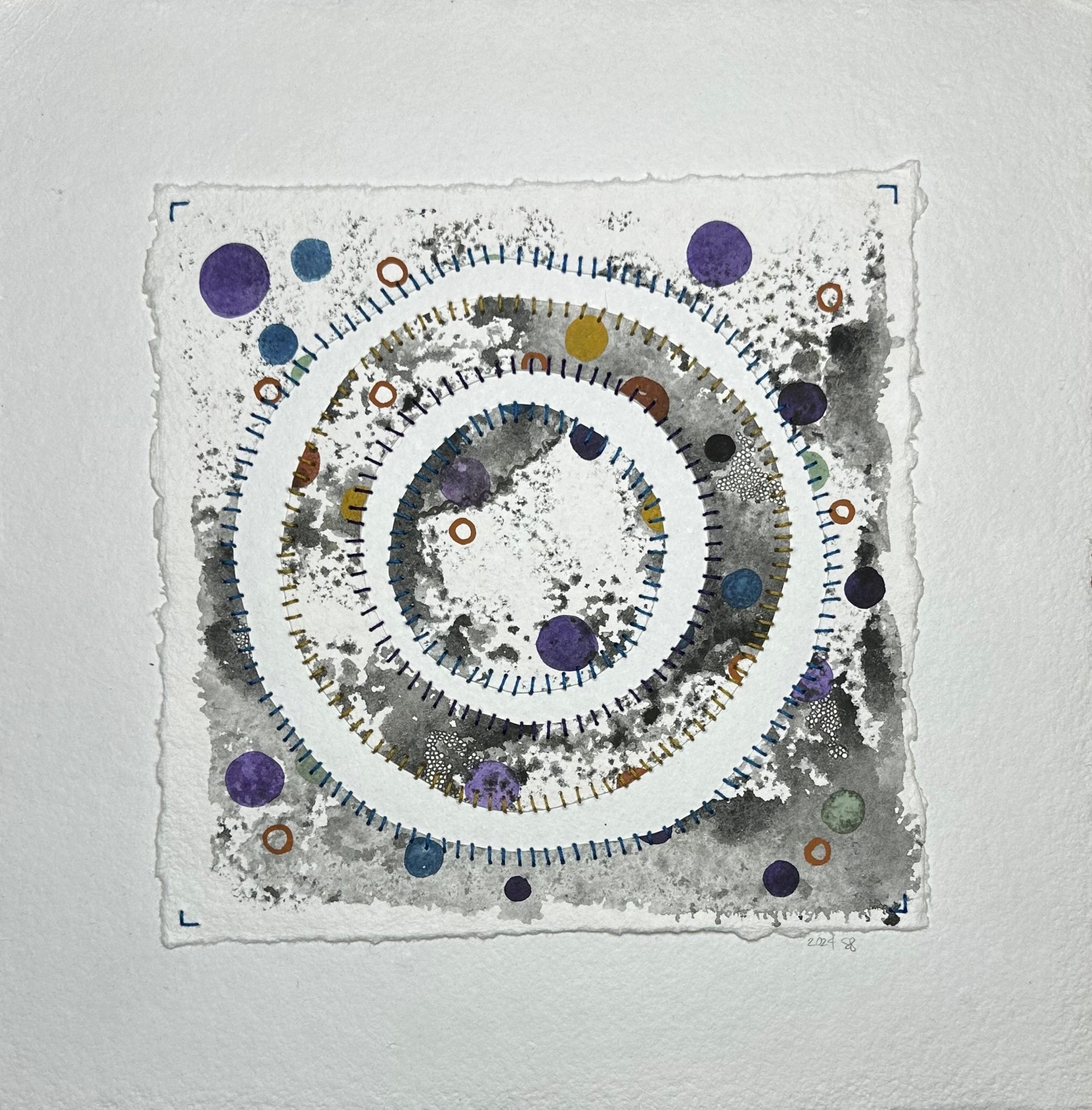Artwork by Suzanne Gibbs from her Stitch & So series, created with watercolor paint and thread on handmade paper, featuring concentric rings, dots and dashes made with stitches.
