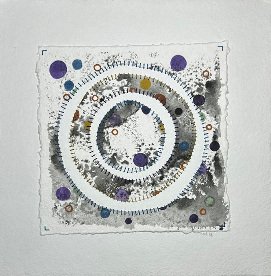 Artwork by Suzanne Gibbs from her Stitch & So series, created with watercolor paint and thread on handmade paper, featuring concentric rings, dots and dashes made with stitches.