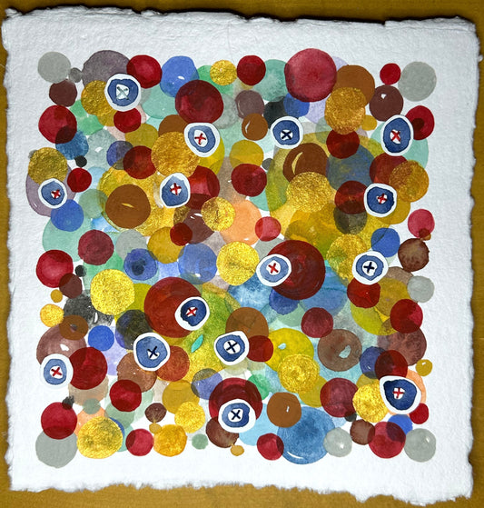 A stitch painting by Suzanne Gibbs featuring overlaid dots and X’s in various colors on a white background.