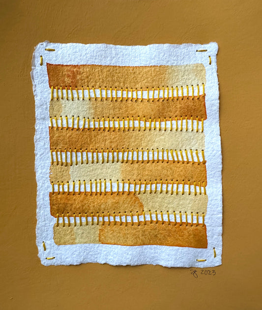 Mixed media golden abstract art by Suzanne Gibbs from her Stitch & So series, created with Flashe pint, watercolor paint and Sashiko thread on handmade paper.
