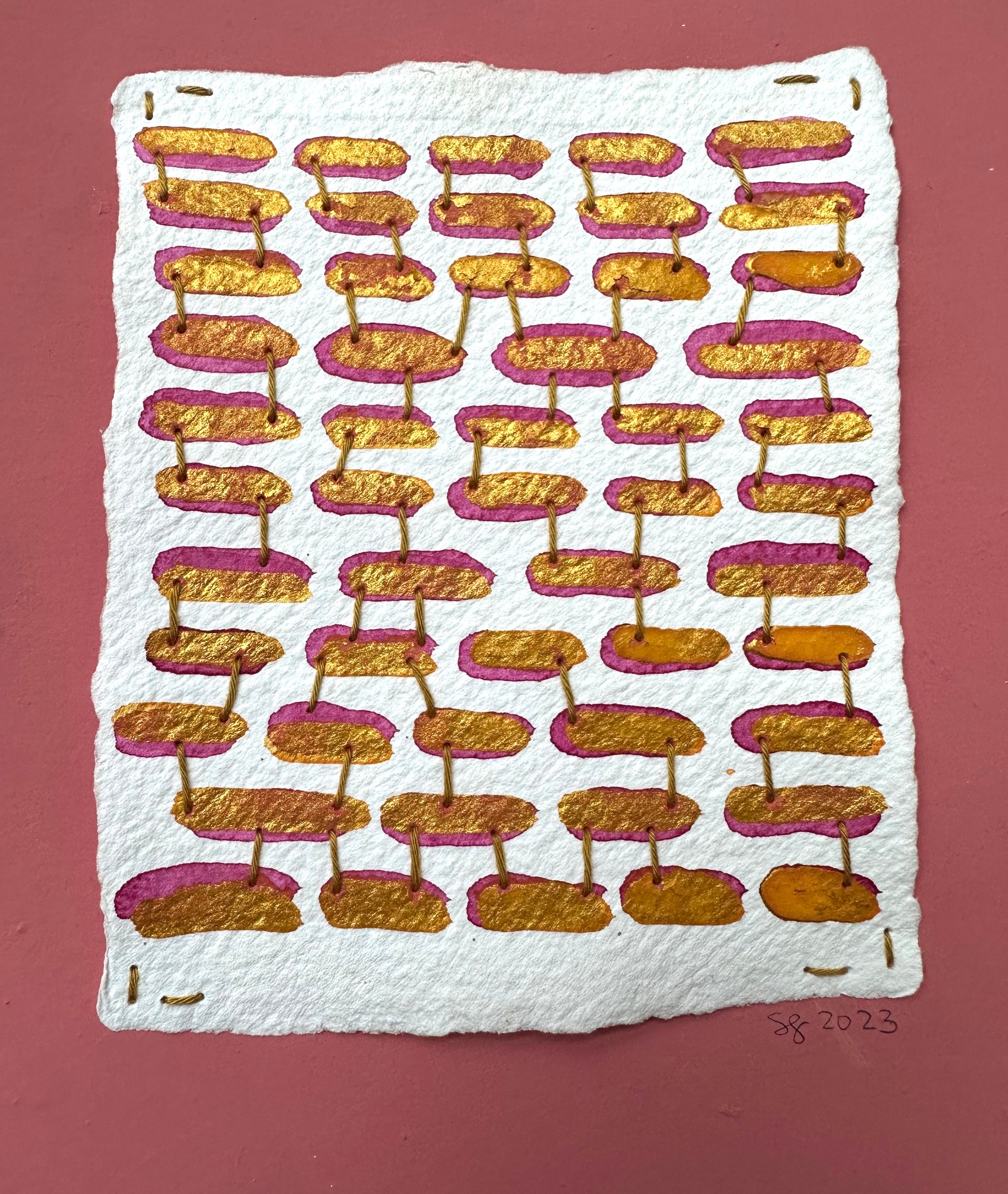Mixed media artwork by Suzanne Gibbs of Portland, OR, from her Stitch & So series, created with Flashe pint, watercolor paint and Sashiko thread on handmade paper.
