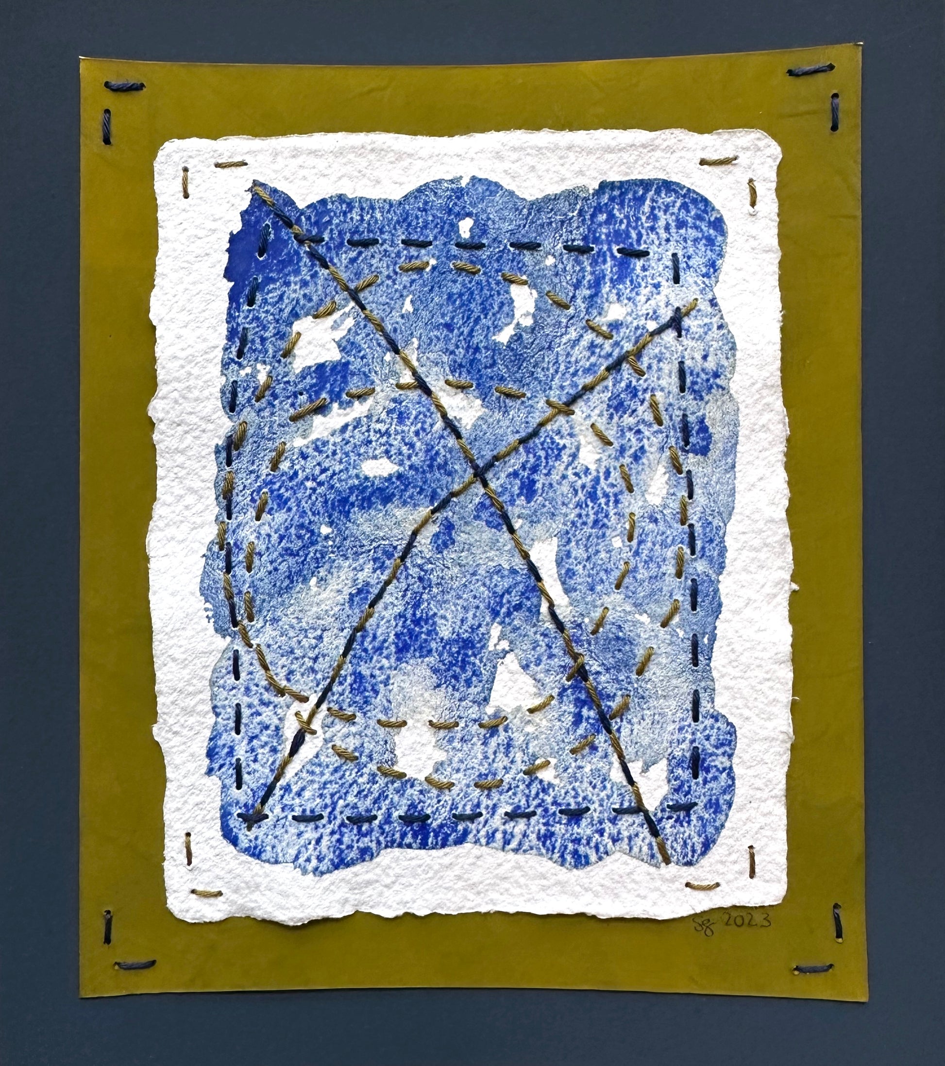 A small watercolor, flashe paint, sashiko thread on paper collage painting from the Stitch & So Series by Suzanne Gibbs.