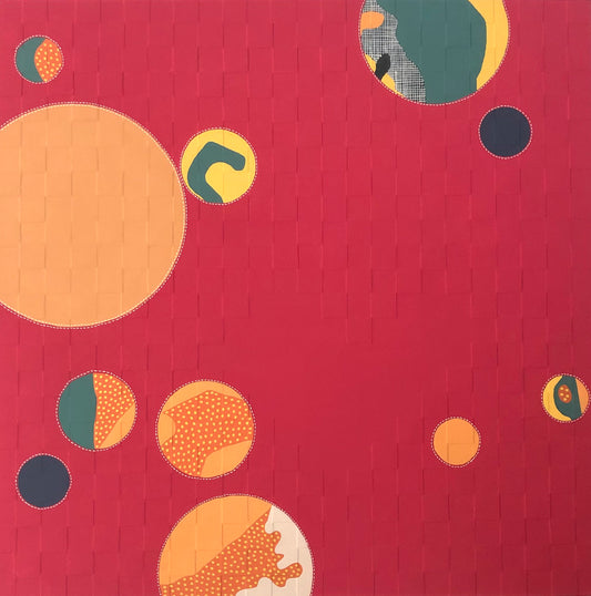 A hot pink painting featuring various sized multicolored dots on a grid textured background, signed by the artist on the front and back.