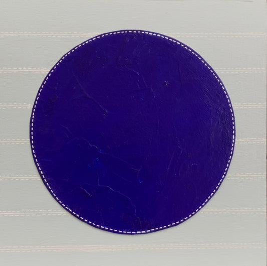 An abstract painting using Flashe paing by Suzanne Gibbs featuring a royal blue dots over a pale blue background and detailed hand-drawn stitch marks.
