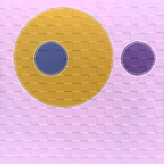An abstract dot painting featuring pink and ochre with two purples, created on a cradled wood panel by Suzanne Gibbs.