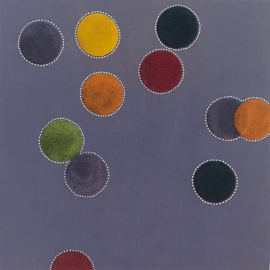 An abstract dot painting made by Suzanne Gibbs featuring various colored dots on a purple background, with a focus on felt dots in shades of lavender, red, orange, and green.